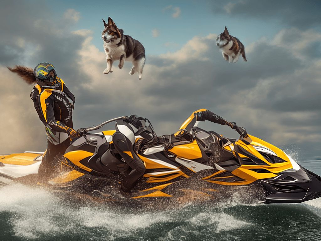 Une image complètement débile qui montre des jetskis l'un dans l'autre avec une personne mal générée à gauche et deux chiens qui volent dans le ciel. L'image a été générée par une IA pourrie. On lui a dit de se faire cuire le cul !